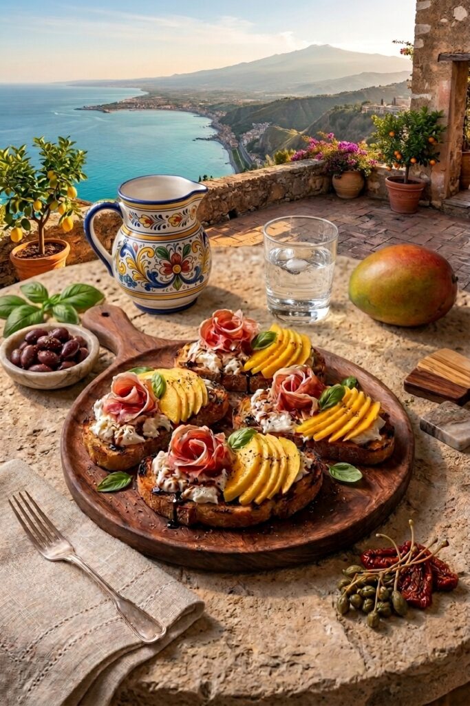 Tostas de mango, burrata y jamón ibérico