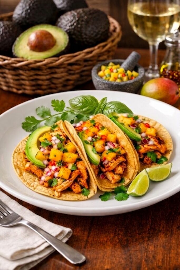 Tacos de pollo especiado con mango y lima