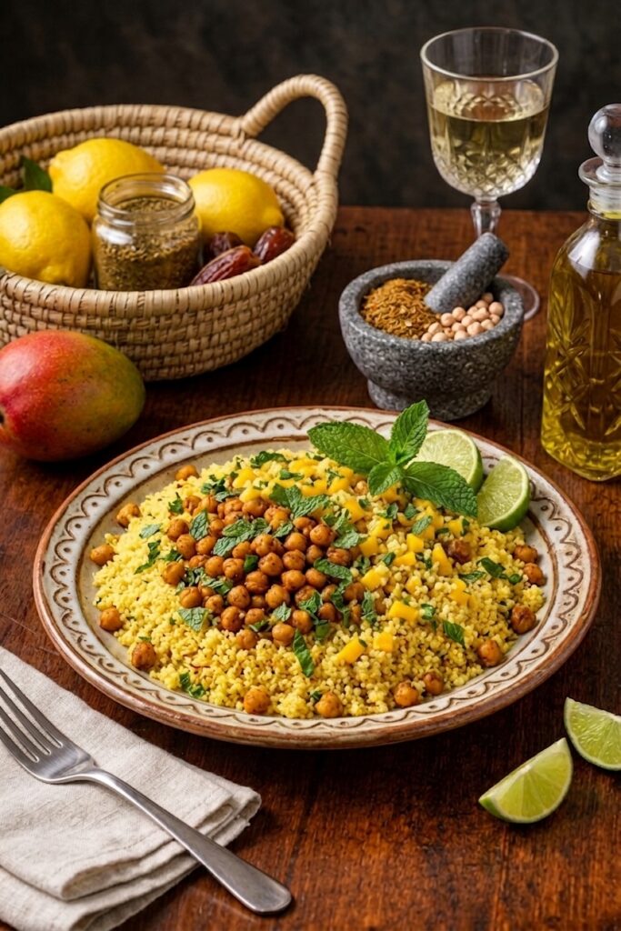 Cuscús marroquí con mango, garbanzos y hierbabuena